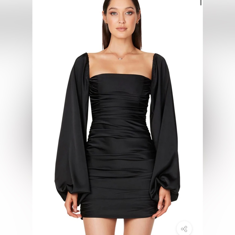 ROSEDRESS| BLACK SILKY SATIN SQUARE NECK BISHOP SLEEVE MINI DRESS